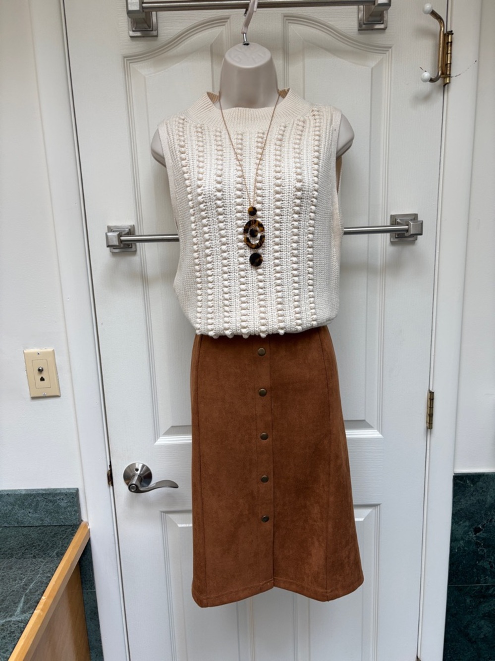 Retrology faux suede midi skirt in cognac brown color.
